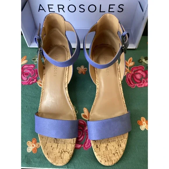 Aerosoles Willowbrook Wedge Sandals 10W Mid Blue Cork Heel - Picture 3 of 5